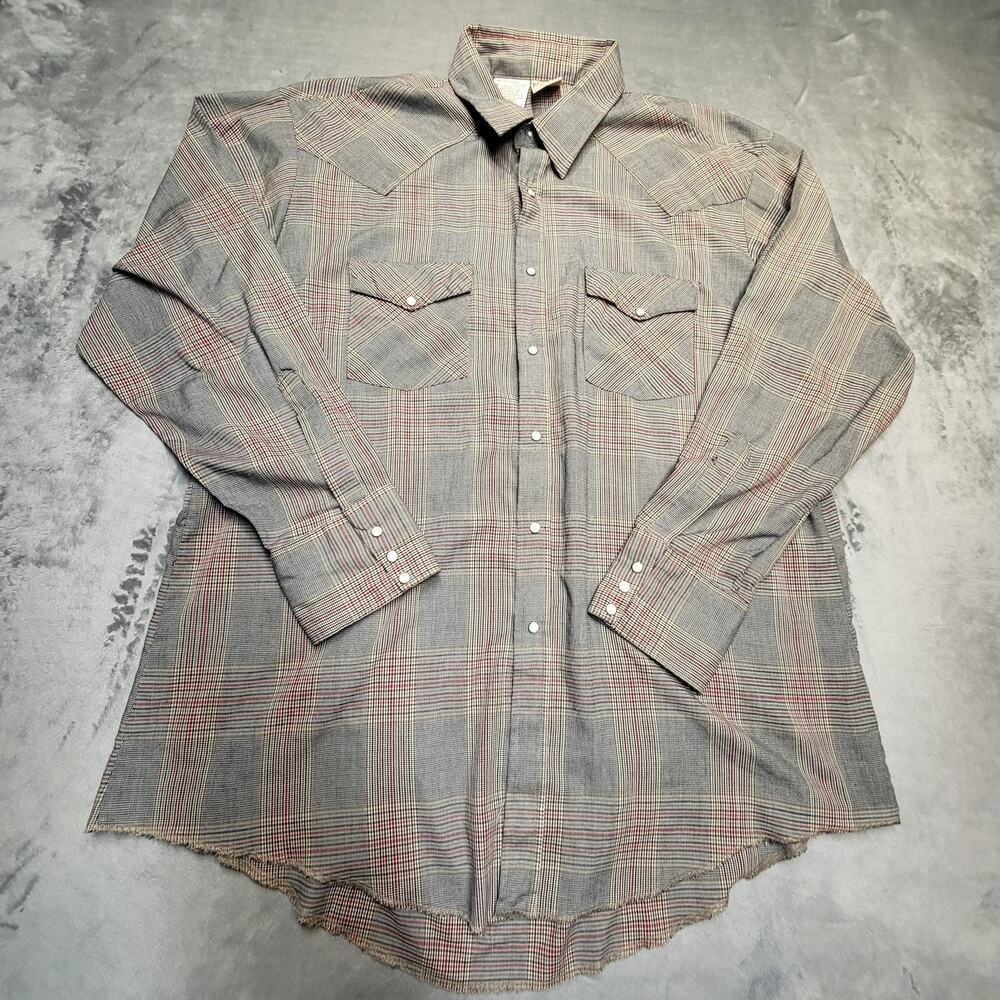 Vintage Western Frontier Shirt Mens XL Gray Red Plaid Pearl Snap Western USA 90s